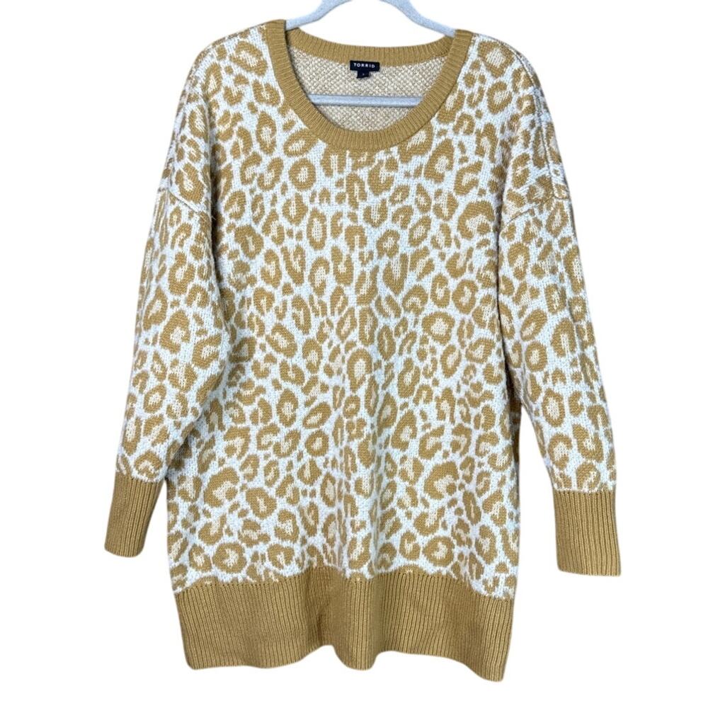 Torrid Drop Shoulder Sweater Popcorn Leopard Tan White Size 2 2X
